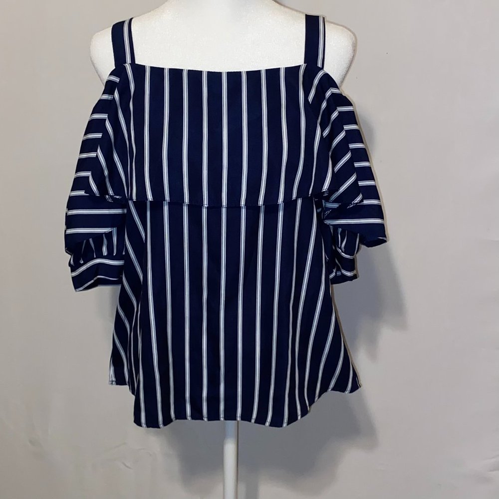 SHEIN Navy and White Strip Open Shoulder Ruffle Top